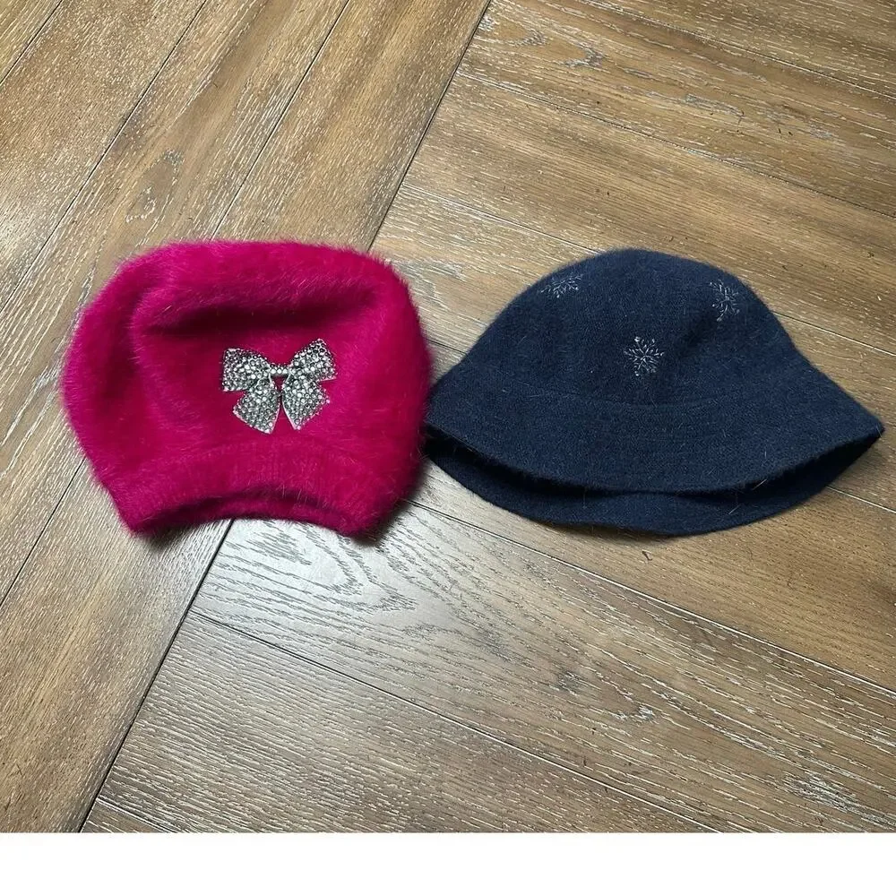 LOT x 2 Winter Hats Magenta Jeweled Bow Beret Cap & Navy Bucket Snowflake